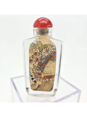 Hand-Painted Chinese Snuff Bottle With Glass Stopper & Scenic Village Art je142